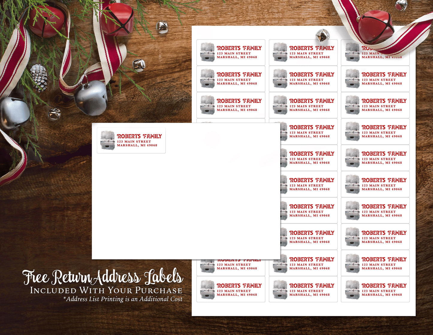Funny Elf Christmas Photo Card – Personalized Family Hockey Theme with Ice Skates, Puck, Net & Custom Text – Double-Sided Printed with Envelopes