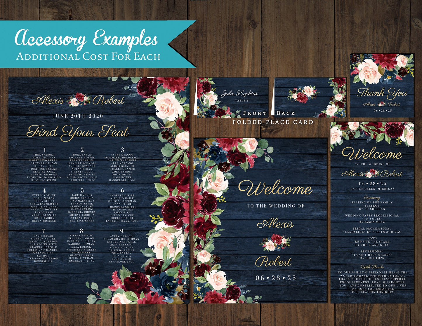Rustic Navy Floral Fall Wedding Invitation – Barn Wood, Burgundy & Blush Florals, Gold Calligraphy – Personalized Shimmery Printed Invitations with Envelopes