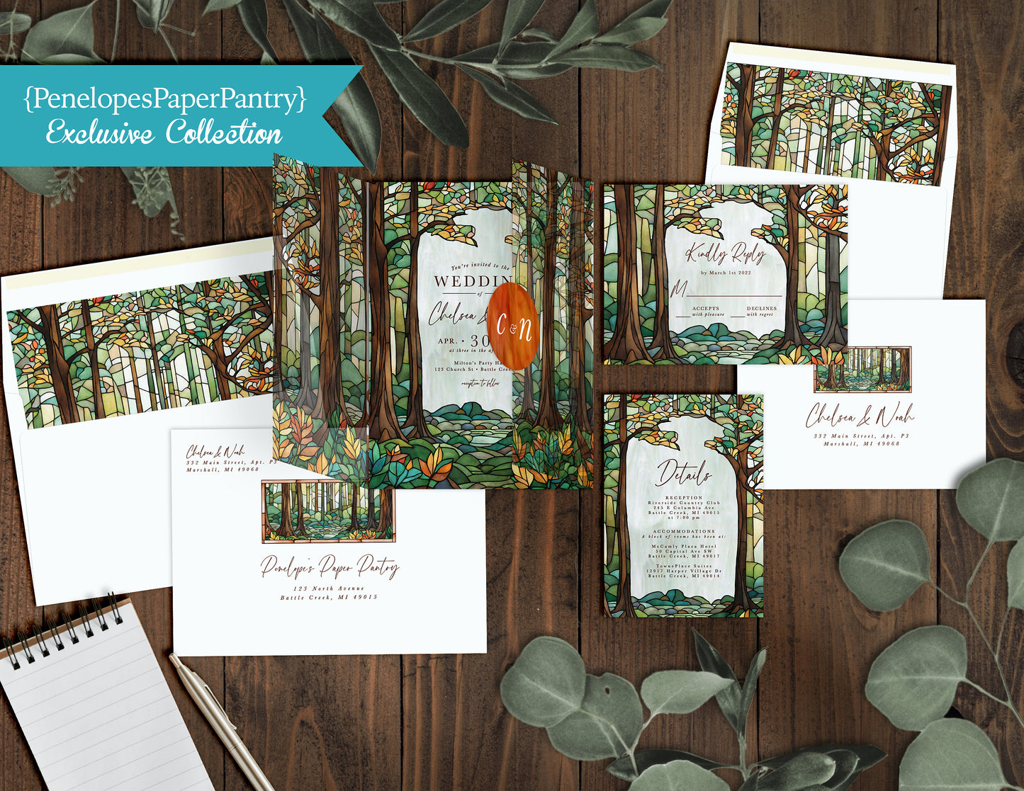 Rustic Fall Wedding Invitation Bundle Personalized Stained Glass Vellum Envelopment Enclosure Sticker Envelope Liners Address Printing Value