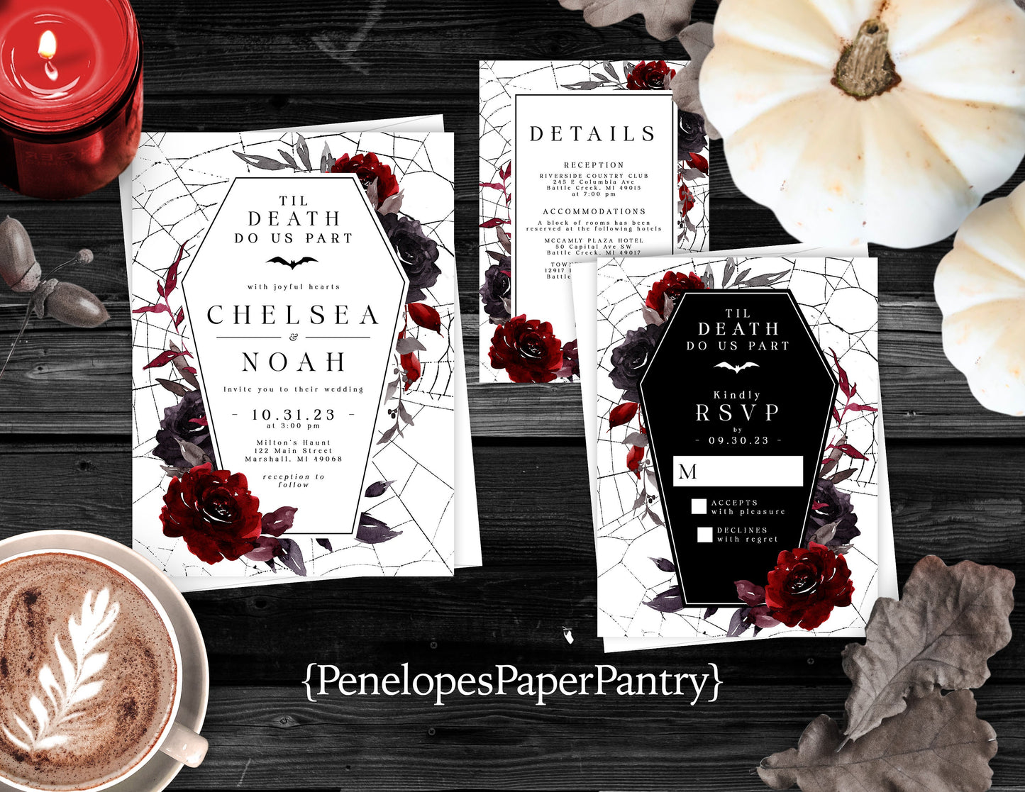 Elegant Gothic Halloween Wedding Invitation – Casket, Spider Webs & Blood Red Roses – Personalized Printed Invite with Envelope