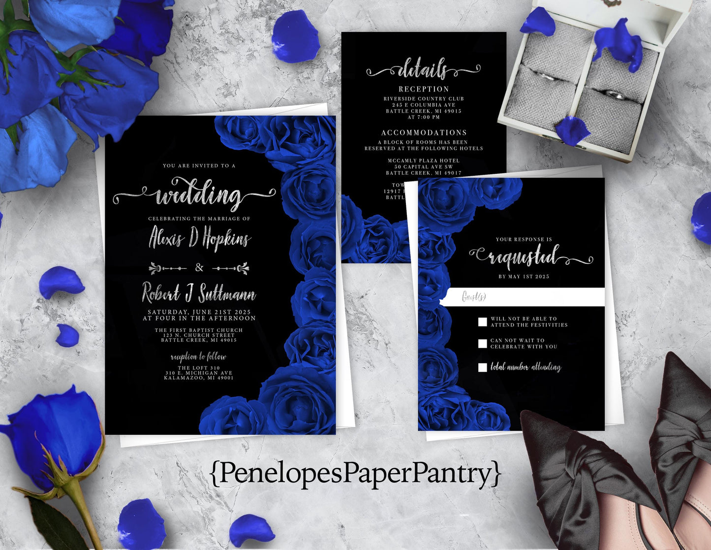 Romantic Royal Blue Rose Wedding Invitation – Black & Silver Calligraphy, Shimmery Custom Printed with Envelopes Included