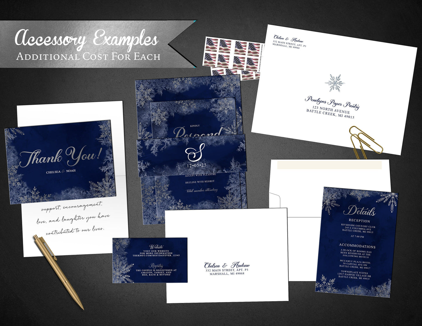 Elegant Winter Wedding Invitation – Navy, Silver Foil Snowflakes, Frost Border, Calligraphy, Custom Printed with Envelopes Included
