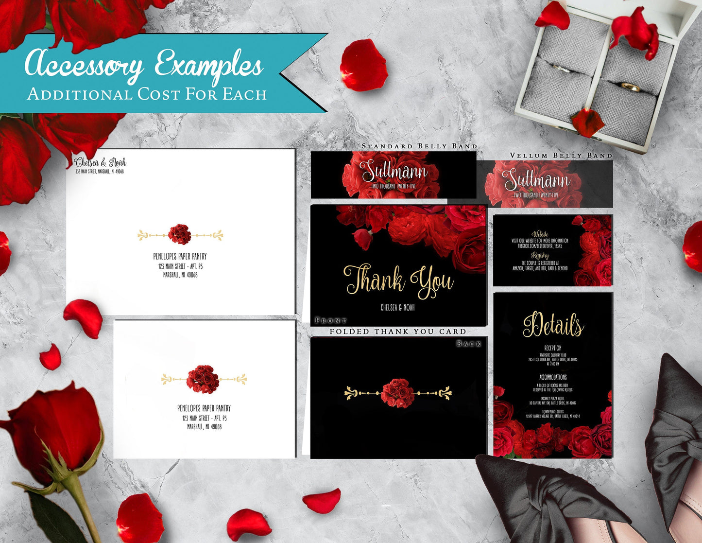 Red Florals with Black Background Rose Wedding Invitation, Set, or Suite