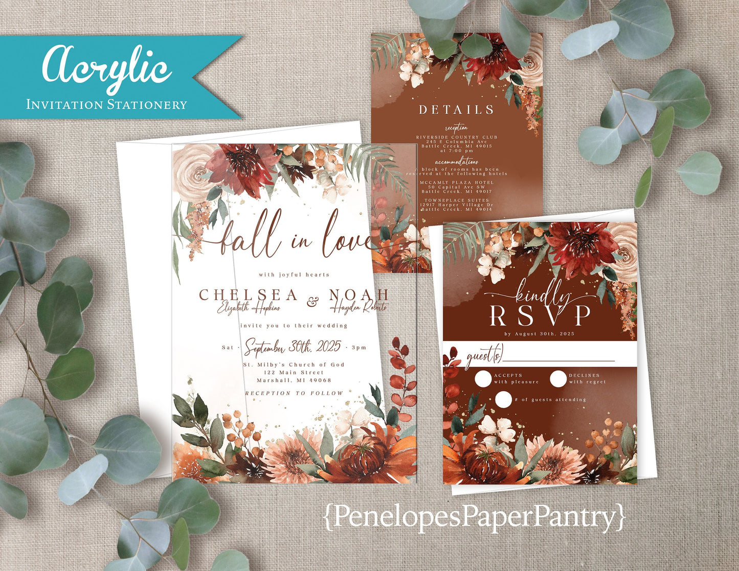 Acrylic Wedding Invitation,Fall Wedding Invite,Fall In Love,Terracotta,Burnt Orange,Calligraphy,Fall Floral,Personalize,Envelope,Printed,5x7