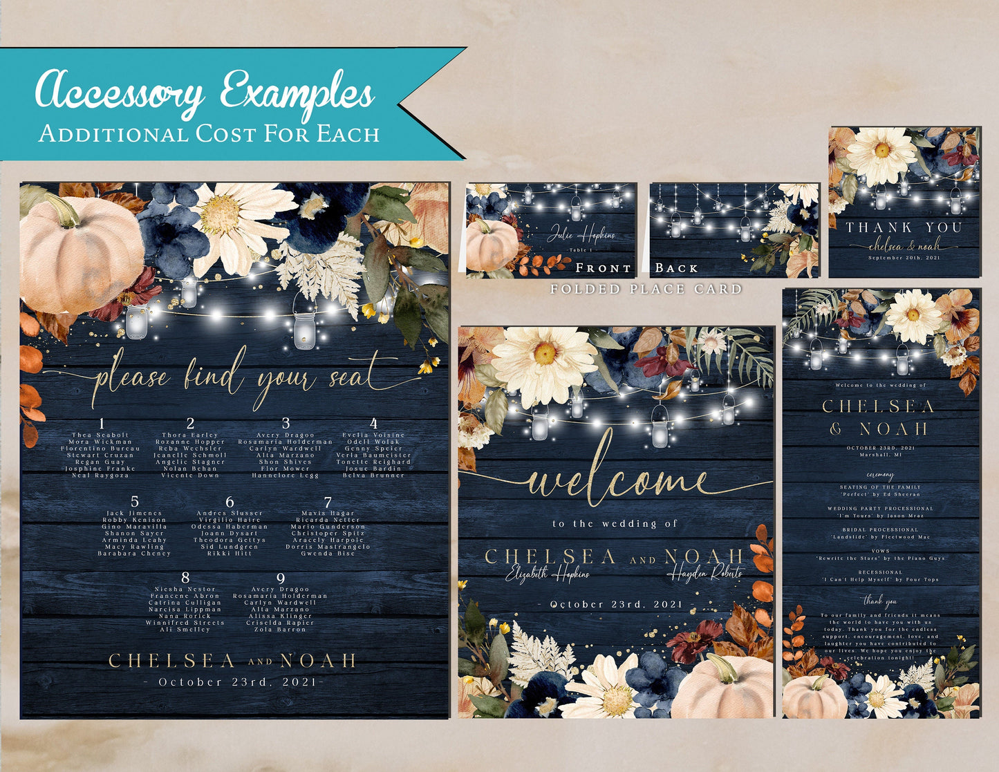 Rustic Fall Wedding Invitation – Personalized Navy & Barn Wood Design with Rust, White Pumpkins & Gold Shimmer – Printed with Envelopes Included