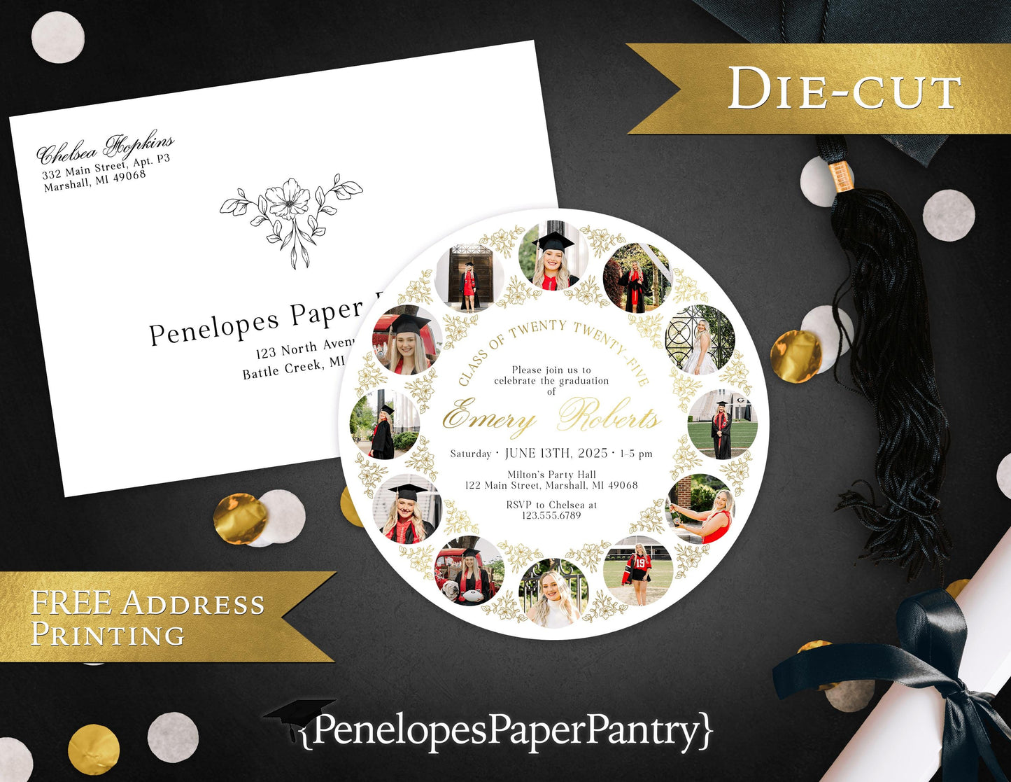 Die Cut Circle Photo Border Graduation Open House or Ceremony Invitation
