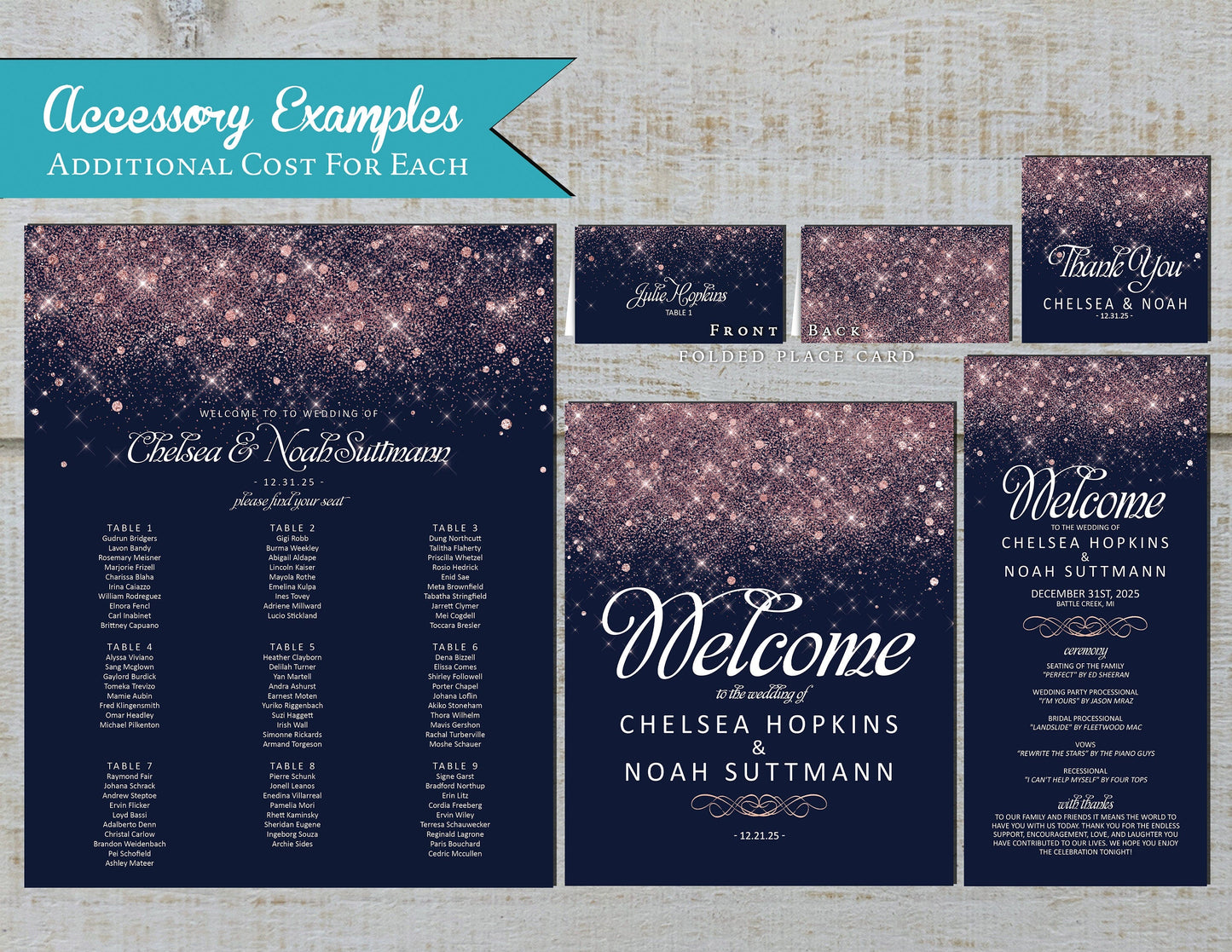 Pink Faux Glitter with Navy Blue Background Wedding Invitation, Set, or Suite
