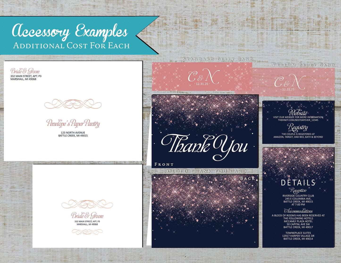 Pink Faux Glitter with Navy Blue Background Wedding Invitation, Set, or Suite