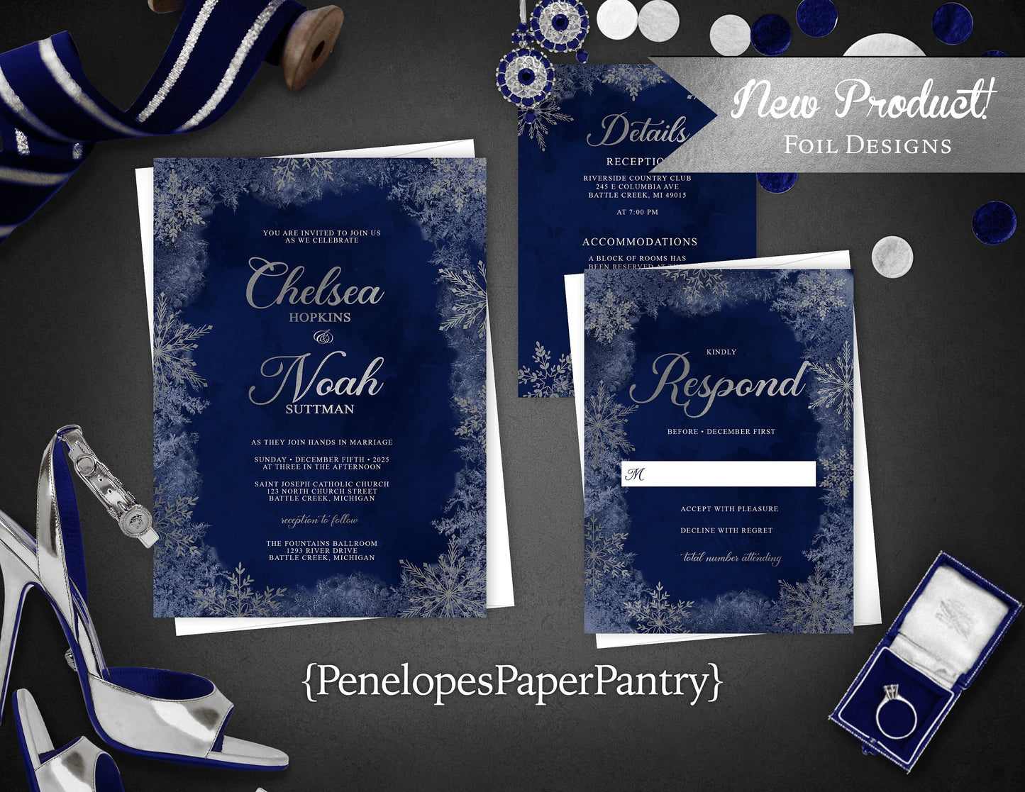 Elegant Winter Wedding Invitation – Navy, Silver Foil Snowflakes, Frost Border, Calligraphy, Custom Printed with Envelopes Included