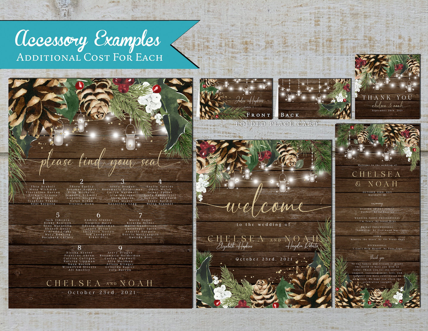 Rustic Winter Wedding Invitation – Barn Wood, Pine Cones, Mason Jar Lights, Shimmery Gold, Custom Printed with Envelopes Included