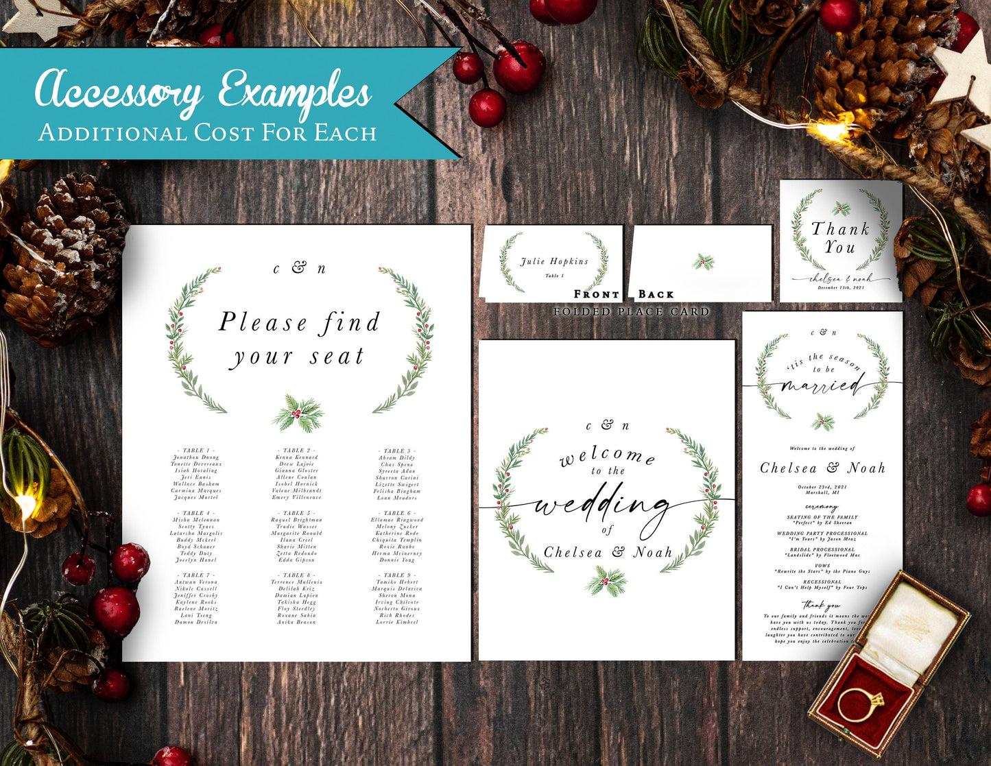 Chic Winter Wedding Invitation – ’Tis the Season to Be Married – Pine Laurels & Calligraphy Printed Invite with Envelopes
