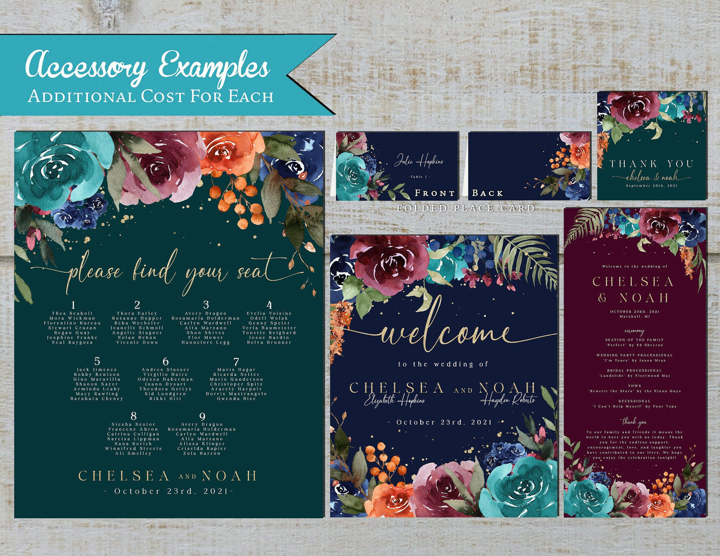 Teal Fall Wedding Invitation – Jewel Tone Roses & Gold Calligraphy – Personalized Shimmery Printed Invite with Envelopes Included
