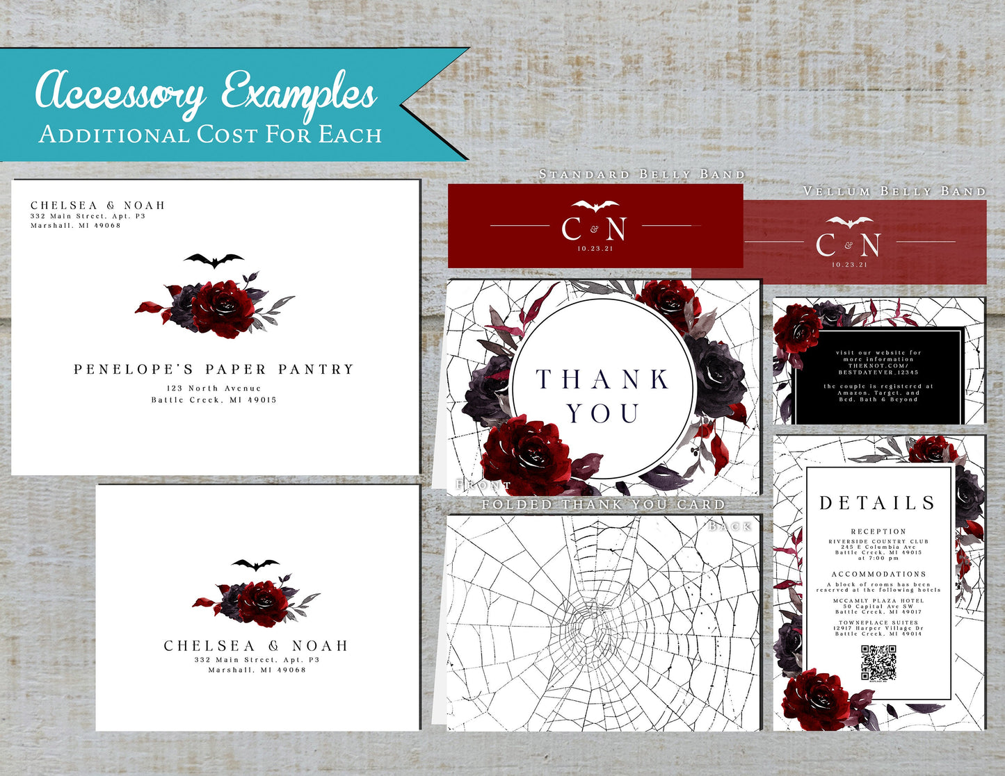 Elegant Gothic Halloween Wedding Invitation – Casket, Spider Webs & Blood Red Roses – Personalized Printed Invite with Envelope