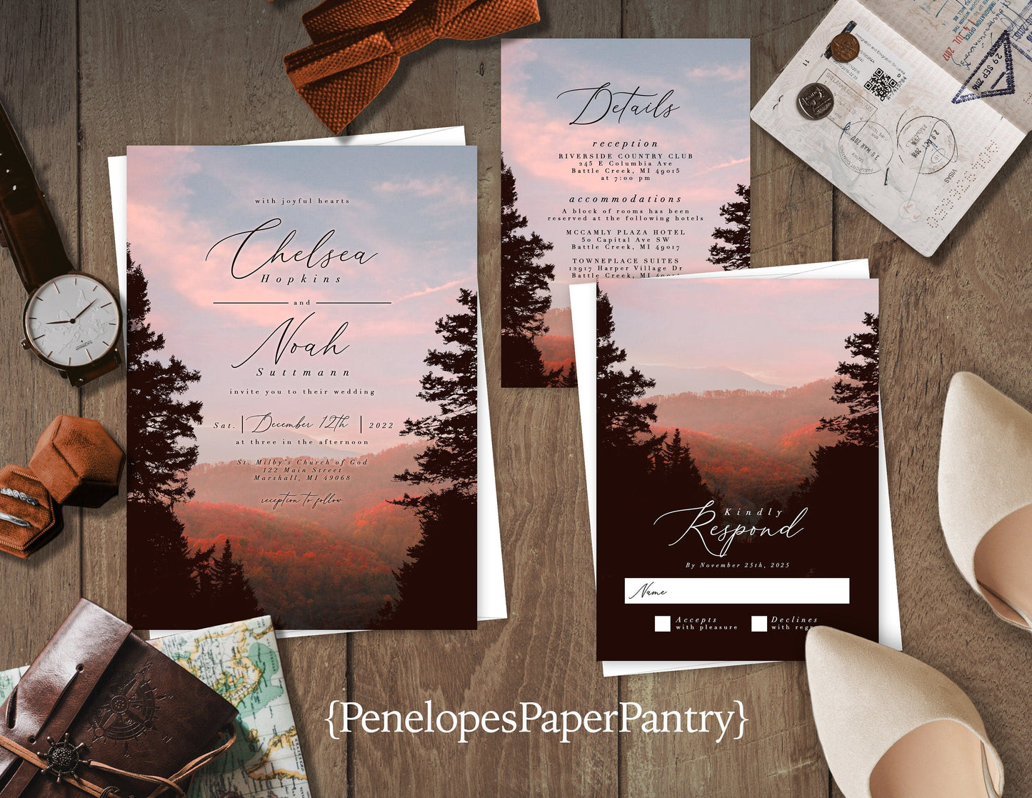 Romantic Mountain Wedding Invitation – Fall Forest & Pink Sunset – Personalized Printed Invite with Envelopes Included