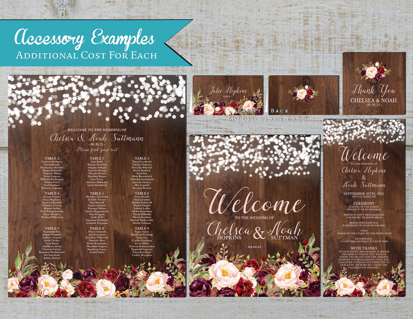 Rustic Fall Wedding Invitation – Burgundy & Blush Roses, Barn Wood & Fairy Lights – Personalized Printed Invitations with Envelopes Included