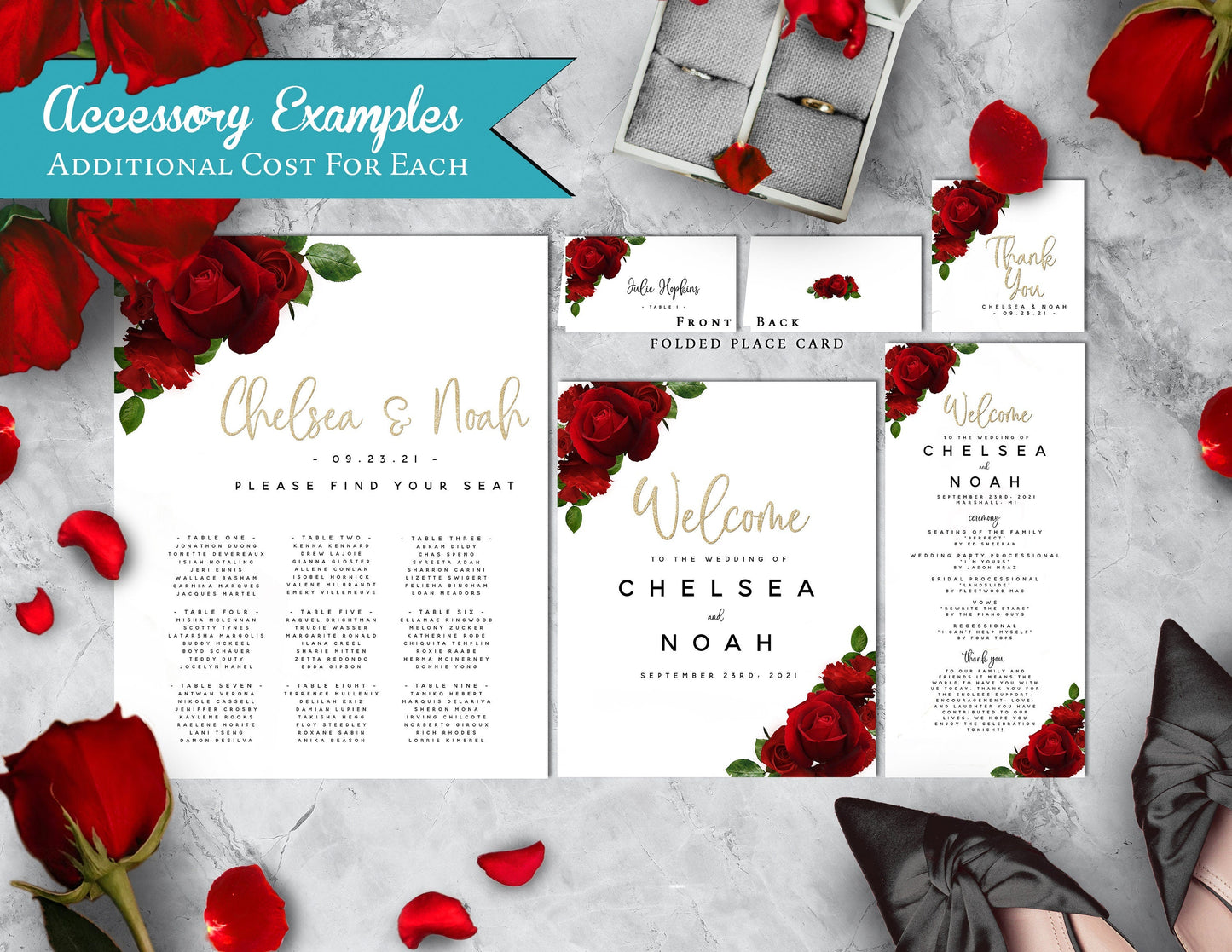 Elegant Red Rose Wedding Invitation – Gold Glitter Calligraphy, Shimmery Custom Printed with Envelopes Included
