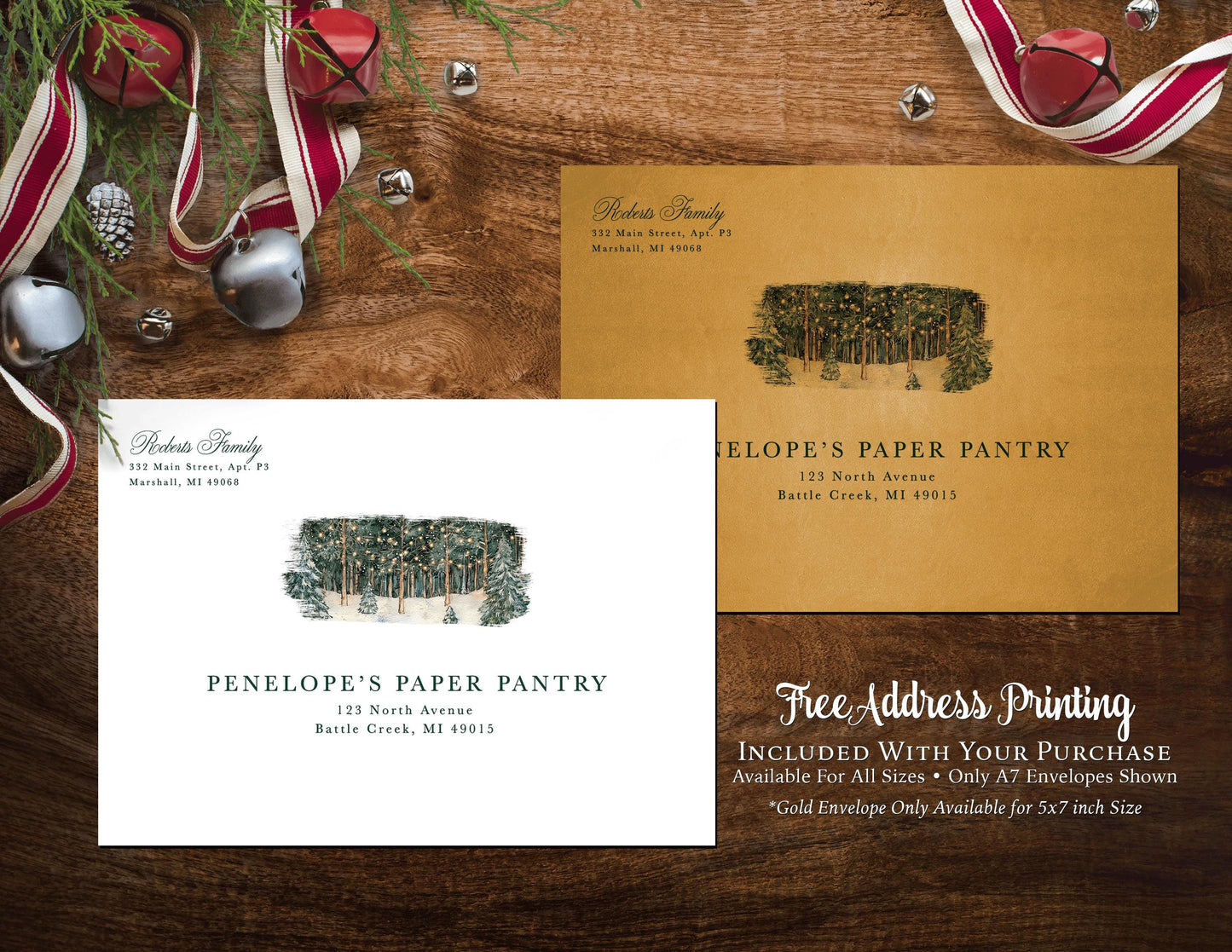 Elegant Rustic Christmas Photo Card Personalized Snowy Winter Forest Glowing Lights Gold Foil Custom Text Printed Cards FREE Address Print