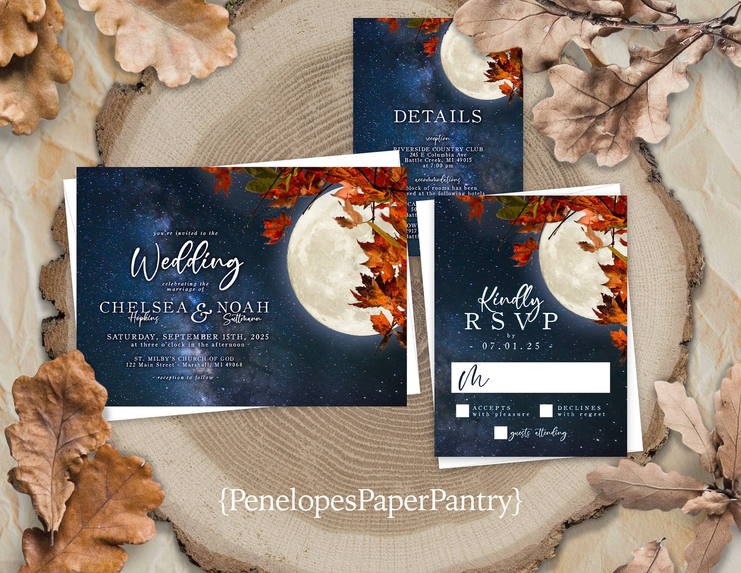 Rustic Full Moon Fall Wedding Invitation – Starry Sky, Autumn Leaves & Calligraphy – Personalized Printed Invitations with Envelopes Included