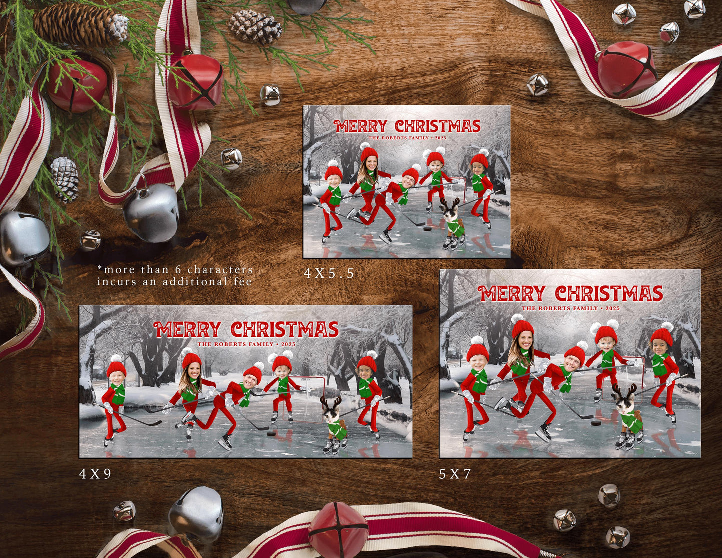 Funny Elf Christmas Photo Card – Personalized Family Hockey Theme with Ice Skates, Puck, Net & Custom Text – Double-Sided Printed with Envelopes