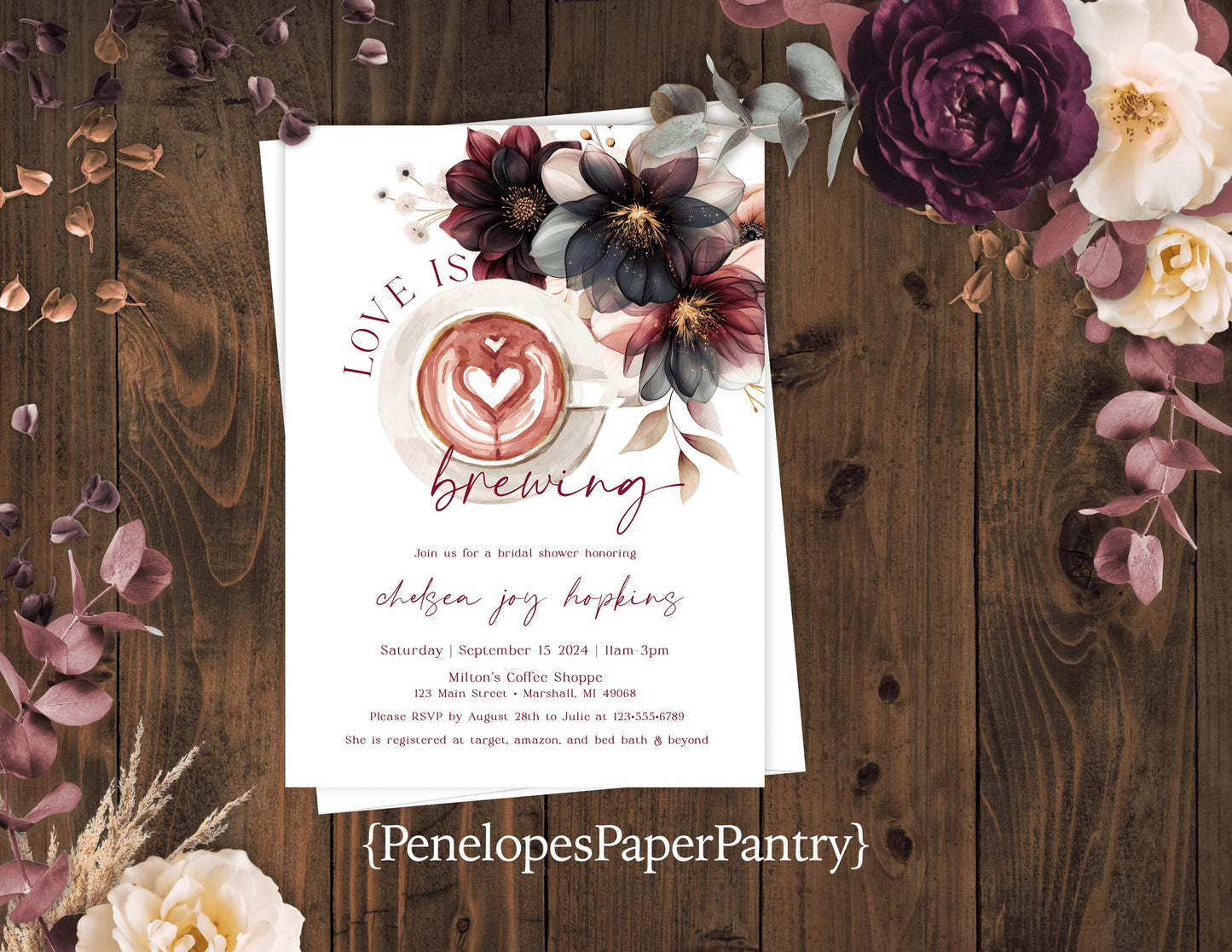 Love is Brewing Floral Bridal Shower Invitations