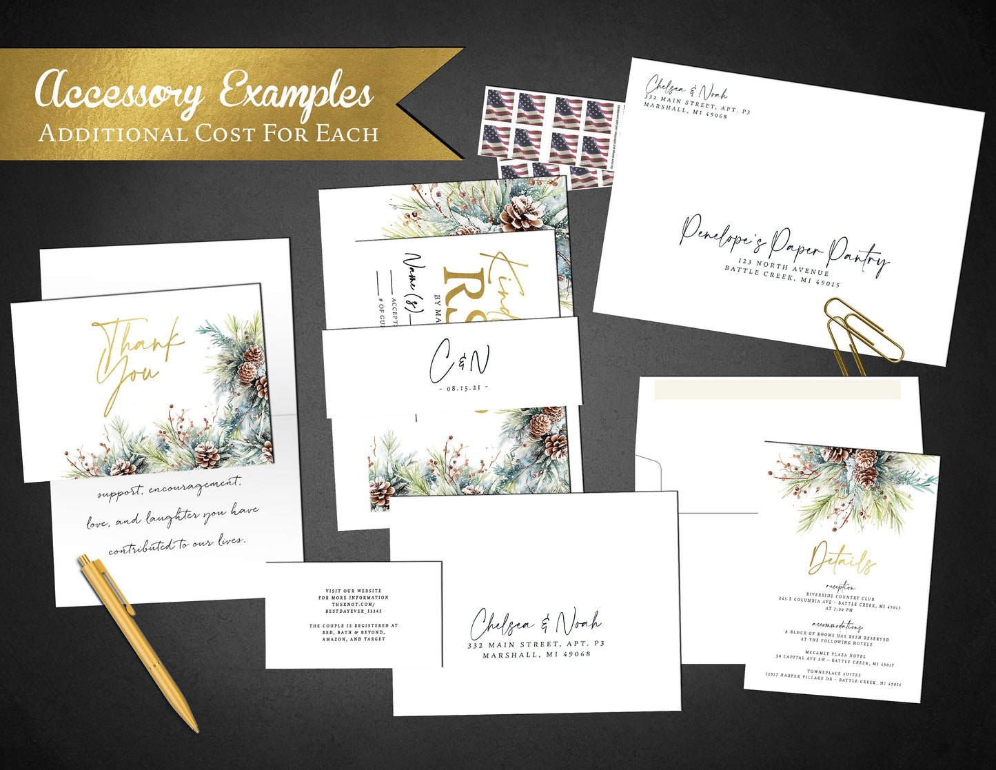 Fancy Winter Wedding Invitation – Pine Branches, Pine Cones, Gold Foil Calligraphy, Custom Printed with Envelopes Included
