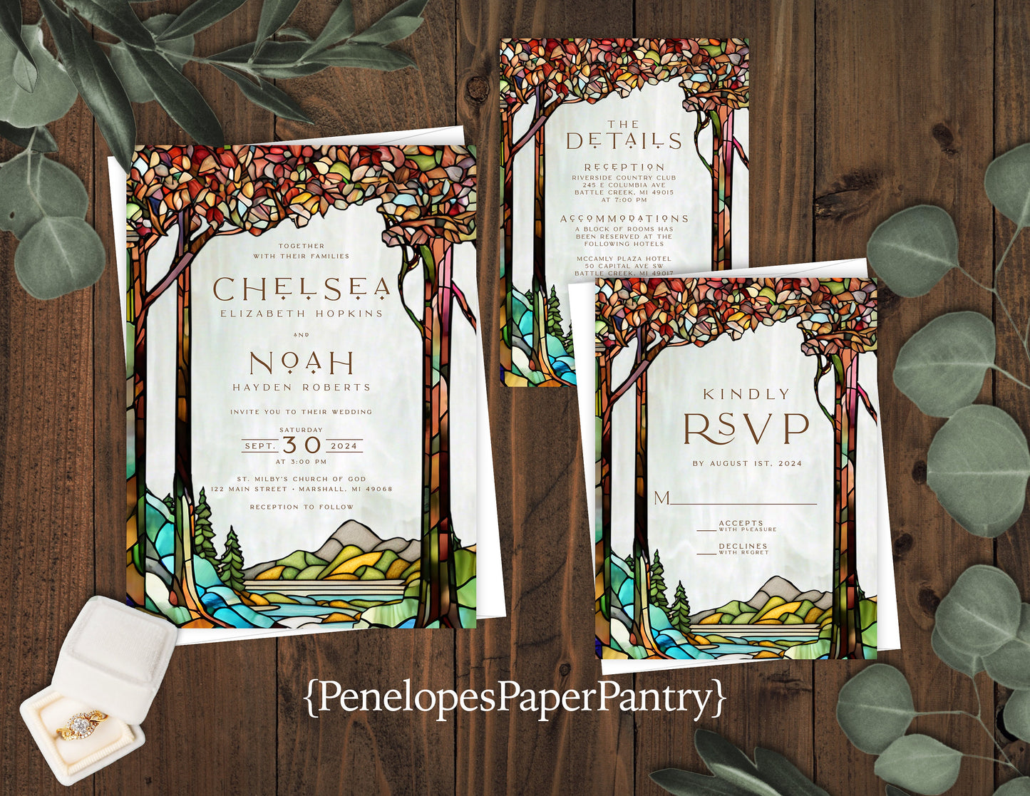 Fall Mountain Wedding Invitation – Stained Glass Autumn Leaves – Personalized Shimmery Printed Invite with Envelopes Included
