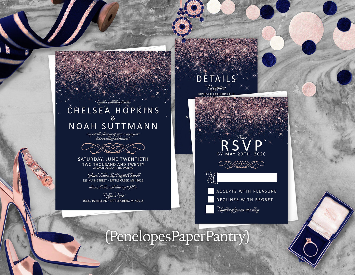 Pink Faux Glitter with Navy Blue Background Wedding Invitation, Set, or Suite