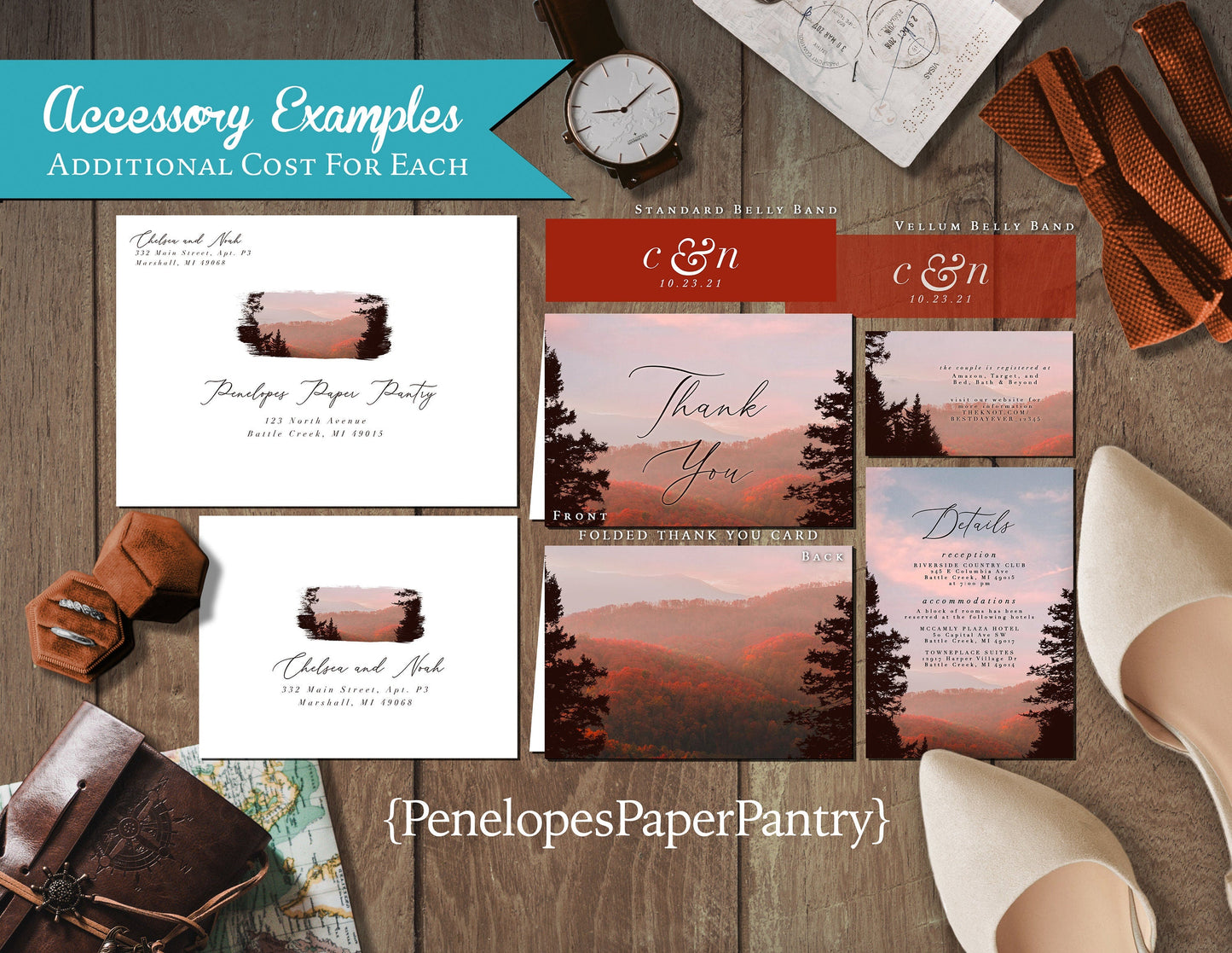 Romantic Mountain Wedding Invitation – Fall Forest & Pink Sunset – Personalized Printed Invite with Envelopes Included