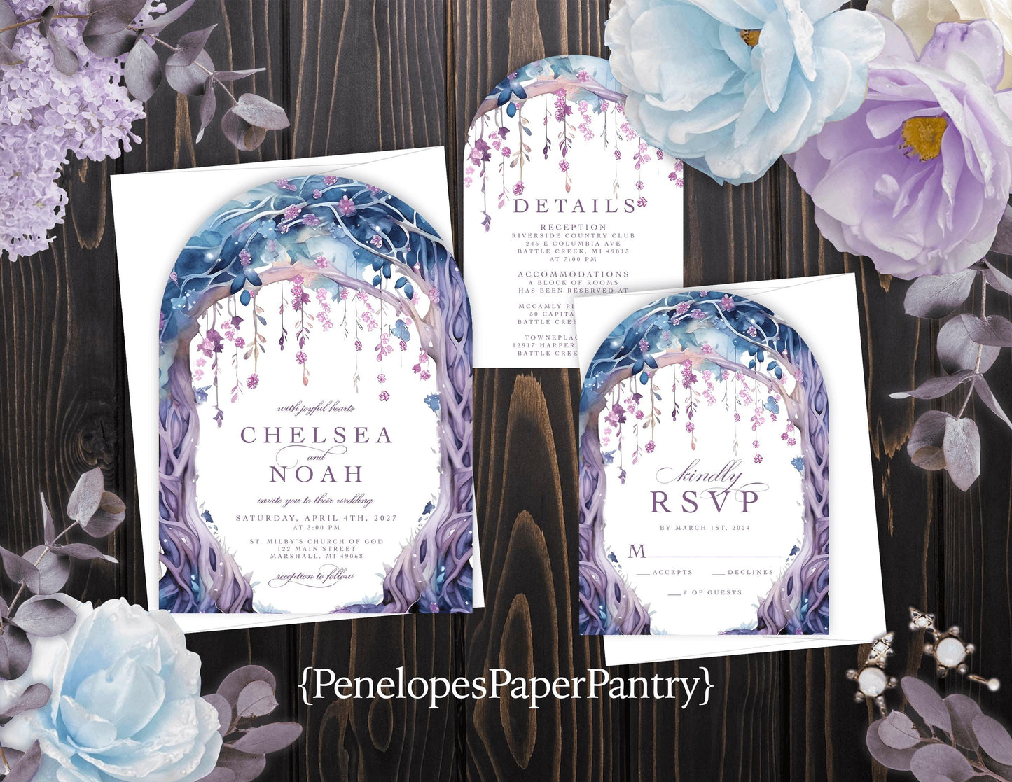 Elegant Whimsical Ethereal Tree Arch Summer Wedding Invitation Personalized Blue Purple Shimmery Printed Invitation Envelope Included Unique