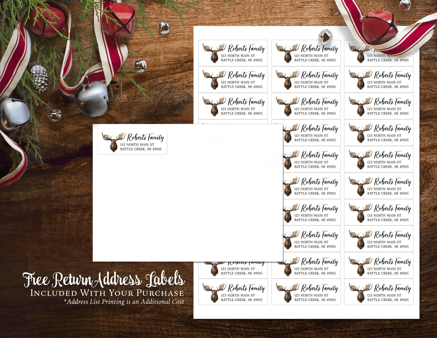 Personalized Funny Moose Lodge Christmas Family Photo Card with Barn Wood Design Envelopes