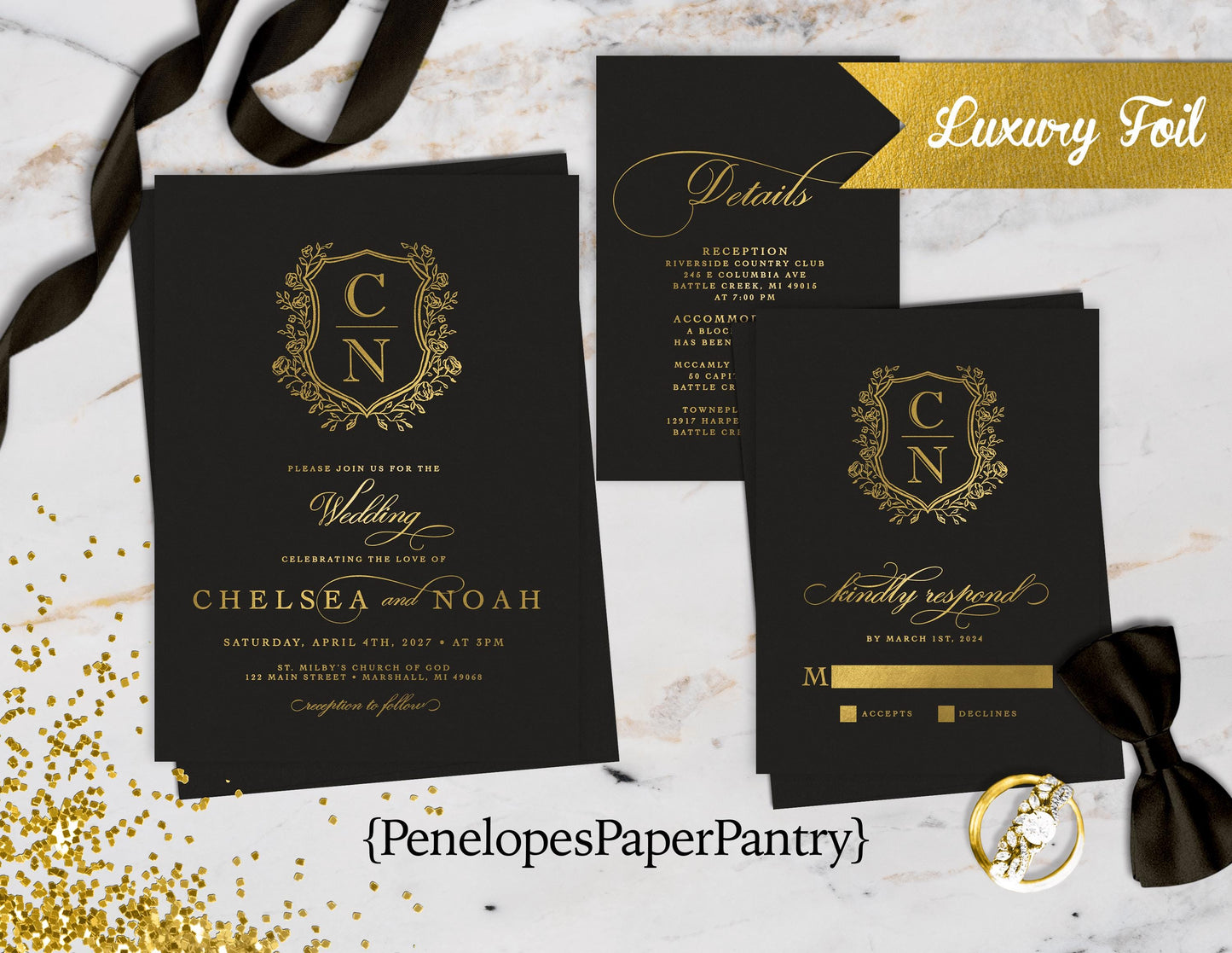 Elegant Black and Gold Monogram Crest Wedding Invitation Personalized Gold Foil Custom Text Classic Traditional Formal Printed Invitations Envelopes Included
