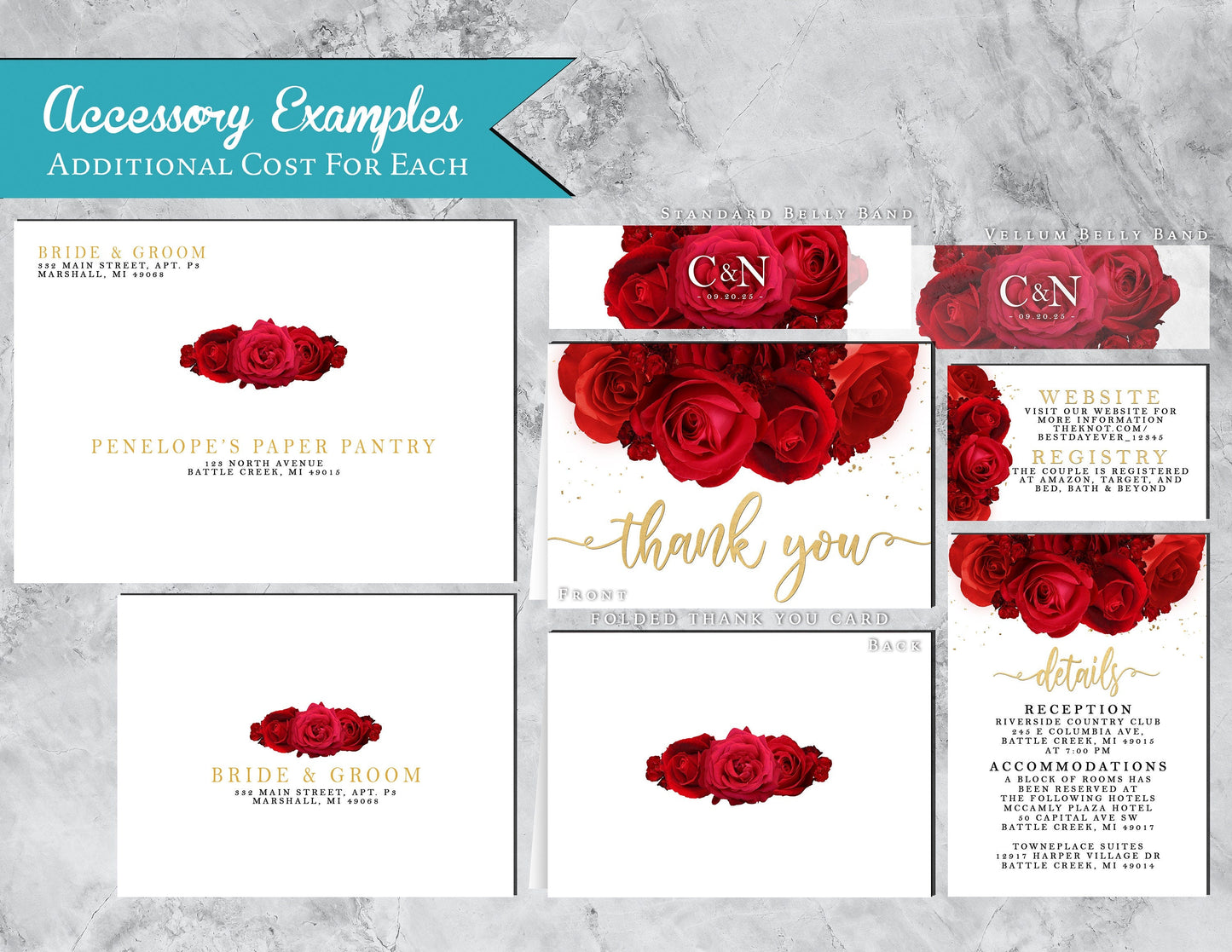 Elegant Red Rose Wedding Invitation – Rose Bouquet, Gold Calligraphy, Shimmery Custom Printed with Envelopes Included