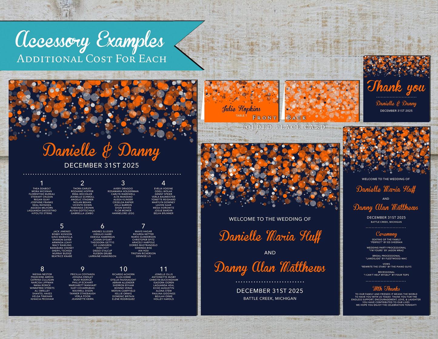 Orange Bokeh with Navy Blue Background Traditional Wedding Invitation, Sets, or Suite