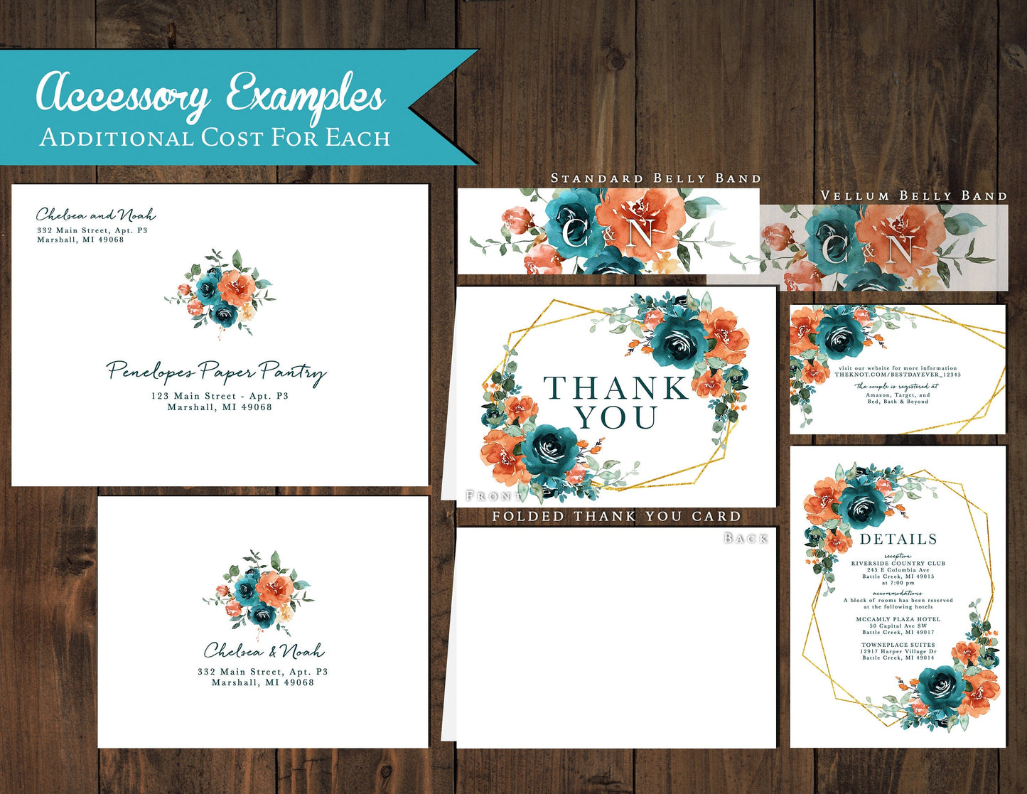Elegant Floral Fall Wedding Invitation – Teal, Orange & Gold – Geometric Frame Shimmery Invite with Envelopes