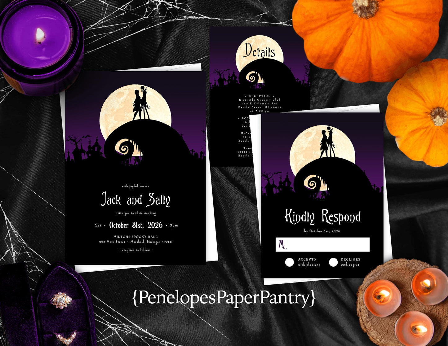 Halloween Wedding Invitation – Jack & Sally Inspired – Personalized Nightmare Before Christmas Printed Invite with Envelopes Included
