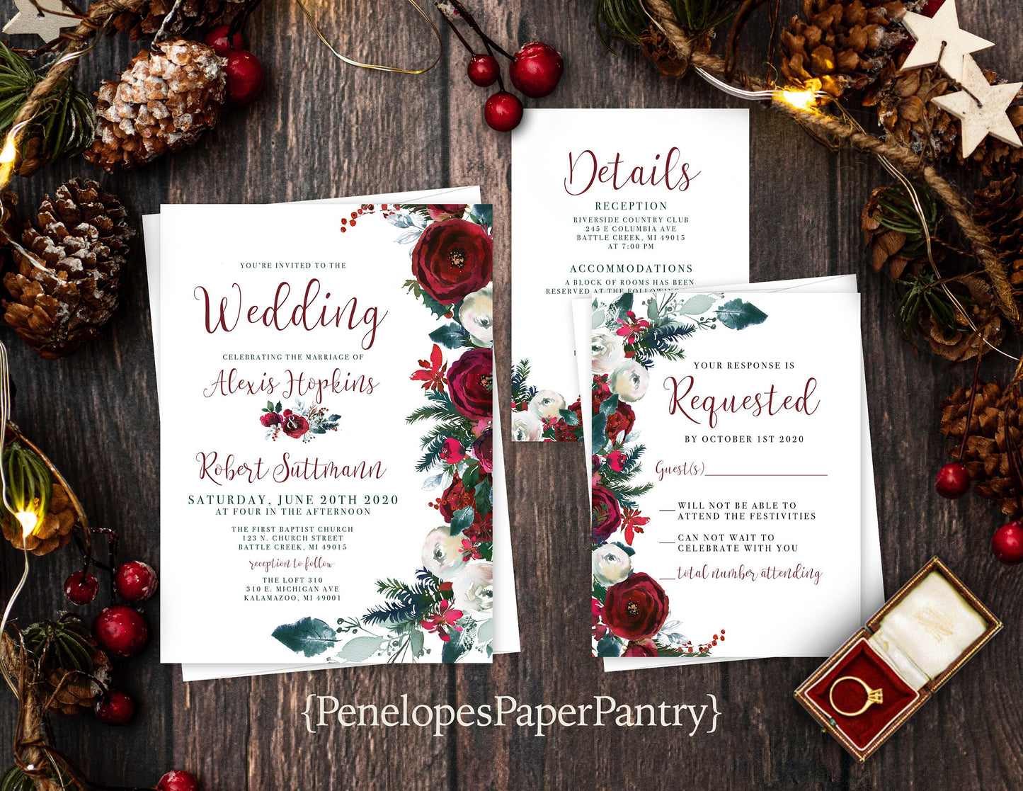 Elegant Winter Wedding Invitation – Red & Green Floral – Shimmery Printed Invite with Calligraphy & Envelopes
