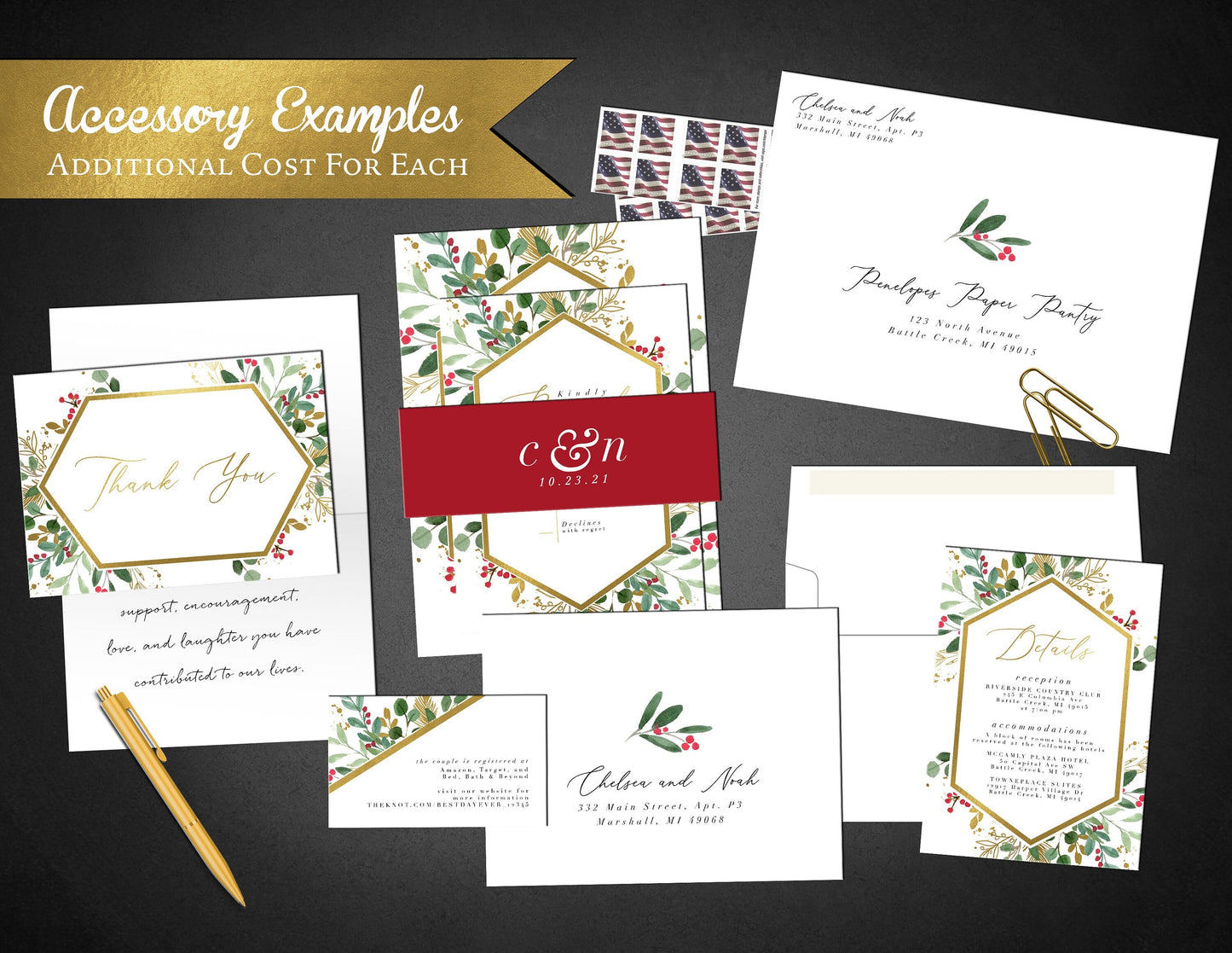 Elegant Winter Wedding Invitation – Mistletoe, Geometric Frame, Gold Foil Calligraphy, Custom Text Printed with Envelopes Included