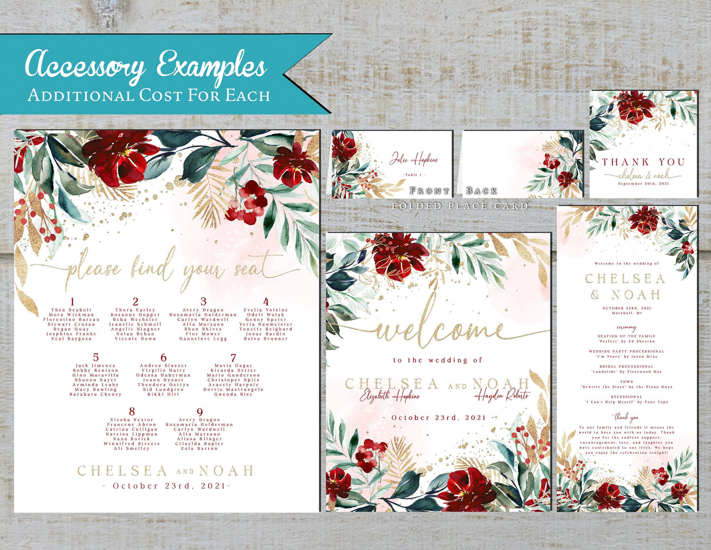 Elegant Floral Christmas Wedding Invitation – Red, Green & Gold, “Tis The Season To Be Married”, Shimmery Custom Printed with Envelopes Included