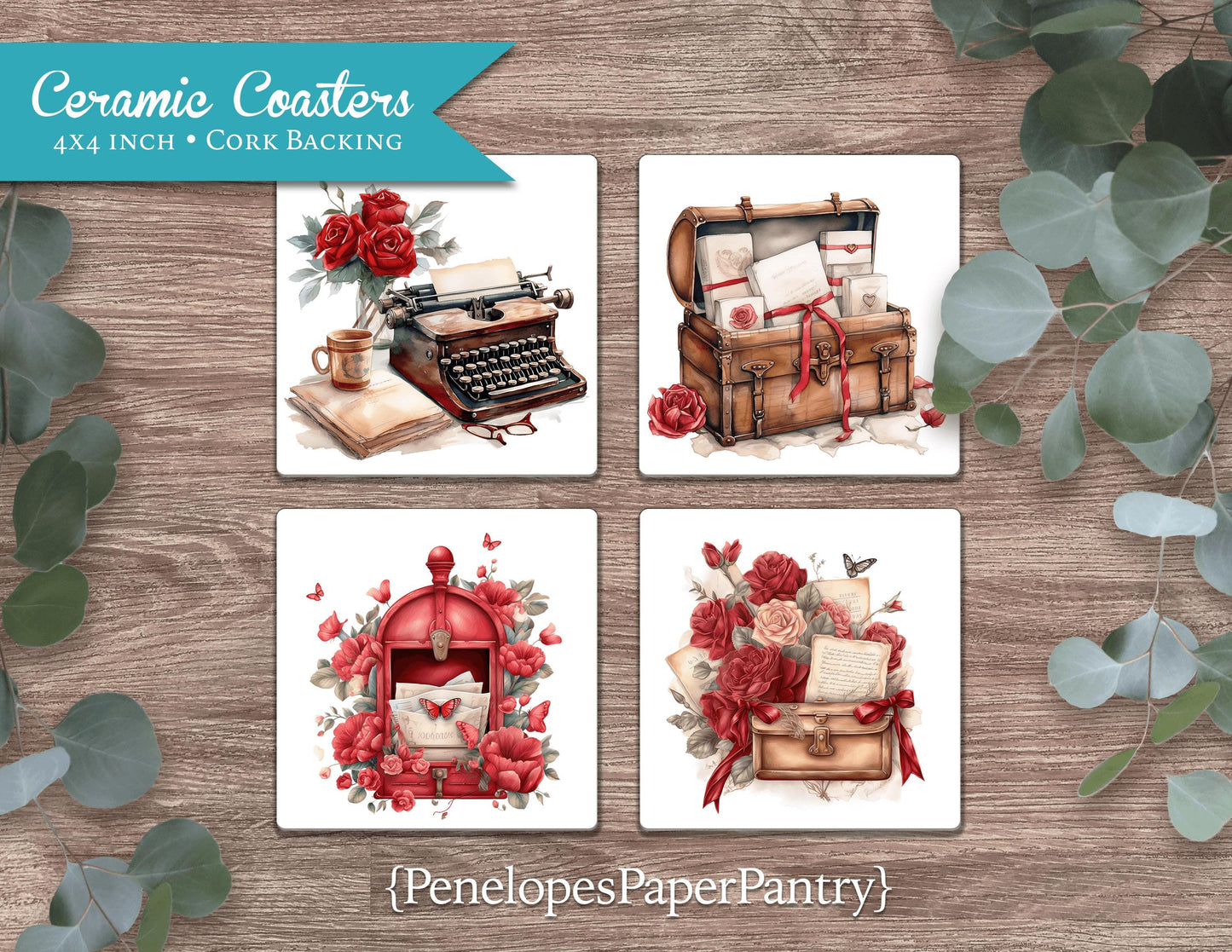 Love Letter Set of 4 Ceramic Coasters with Cork Back