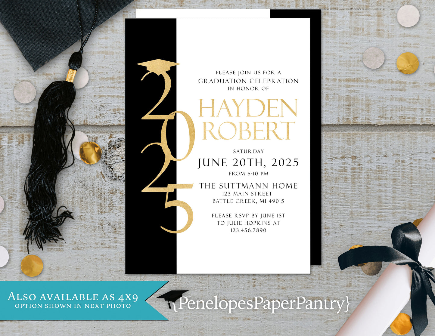 Gold Print Grad Cap Graduation Open House or Ceremony Invitation