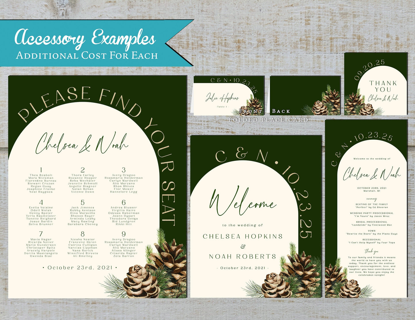 Elegant Winter Wedding Invitation – Arch Design, Dark Green & Gold – Pine Cones, Ivory, Personalized Shimmery Printed Invite with Envelopes