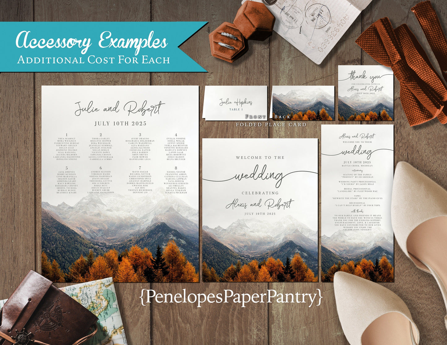 Romantic Fall Mountain Wedding Invitation – Personalized Burnt Orange Autumn Forest Design with Calligraphy – Printed with Envelopes Included