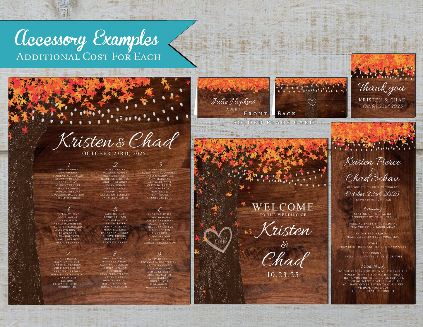Rustic Fall Wedding Invitation – Oak Tree, Carved Initials & Fairy Lights