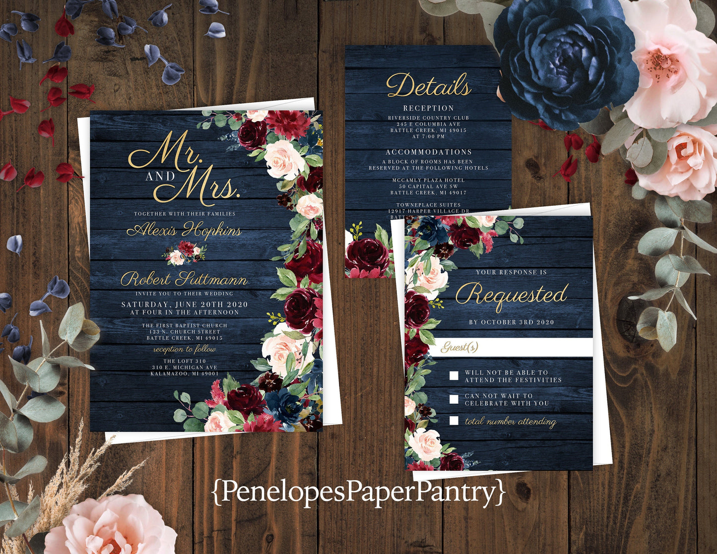 Rustic Navy Floral Fall Wedding Invitation – Barn Wood, Burgundy & Blush Florals, Gold Calligraphy – Personalized Shimmery Printed Invitations with Envelopes