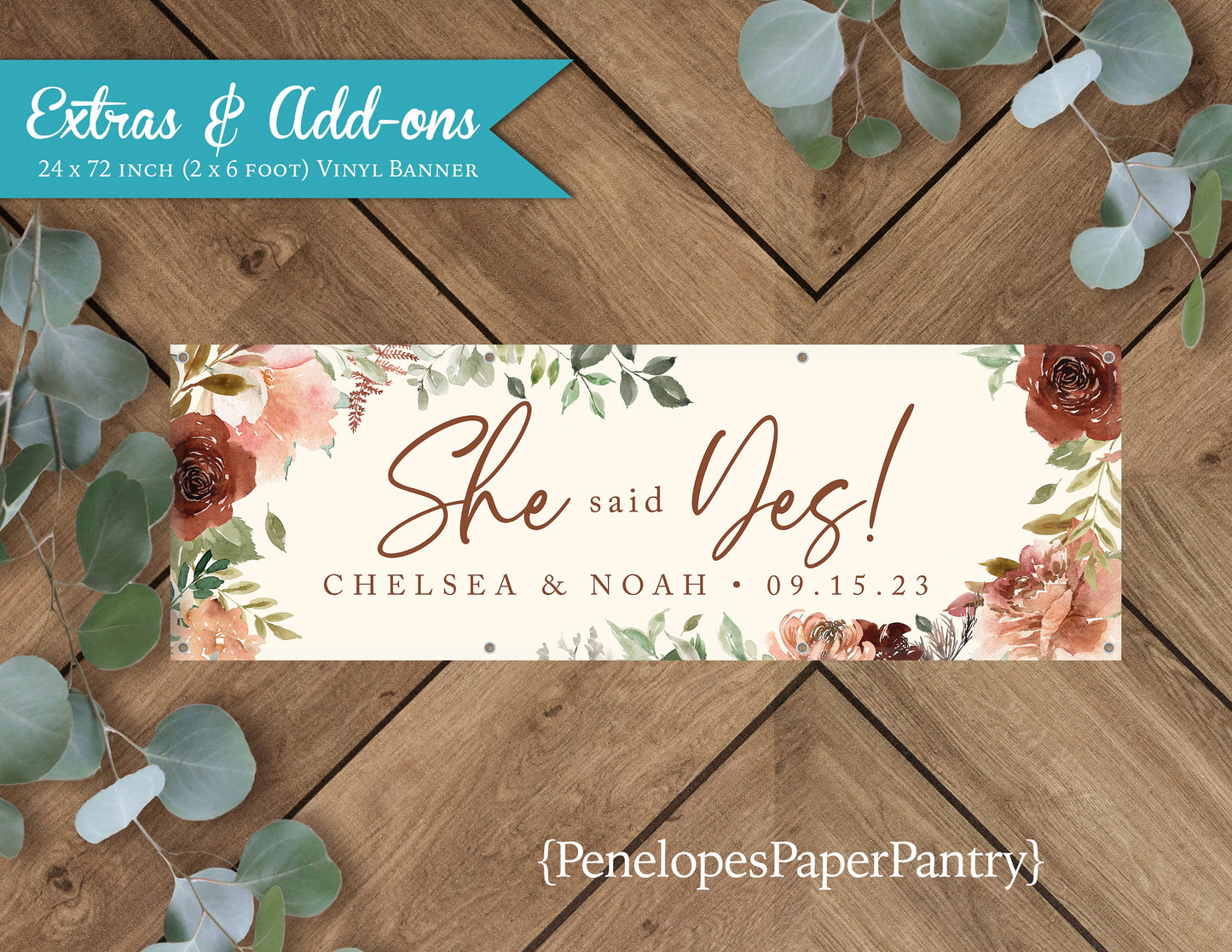 Terracotta, Burnt Orange, and Neutrals with Ivory Engagement Vinyl Banner with Grommets