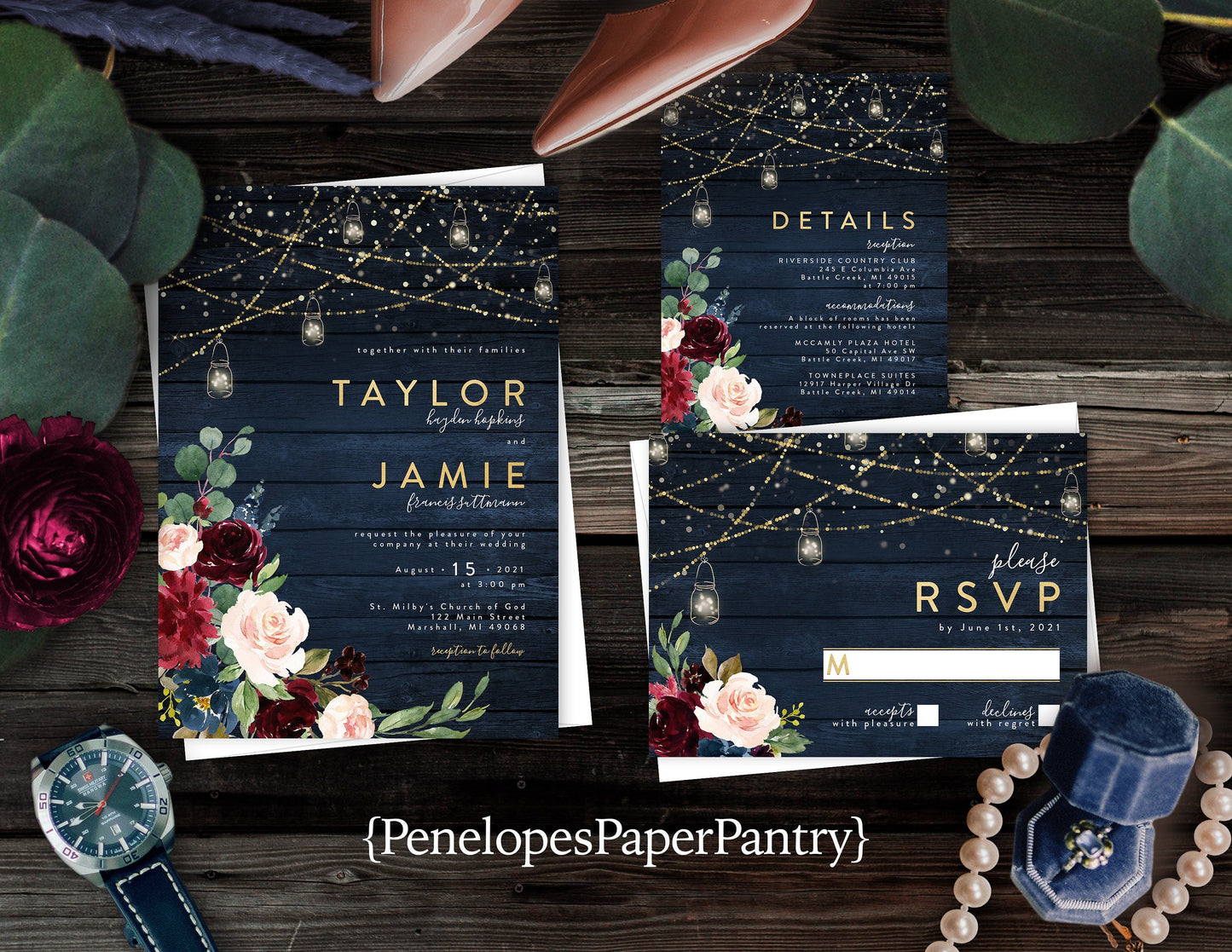 Rustic Navy Floral Fall Wedding Invitation – Barn Wood, Mason Jar Lights, Burgundy Florals & Gold Print – Personalized Shimmery Printed Invitations with Envelopes