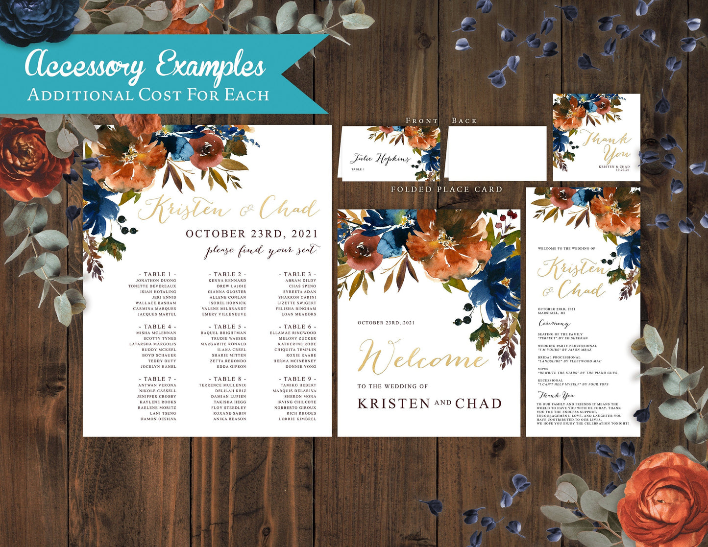 Elegant Fall Floral Wedding Invitation Personalized Turquoise Burnt Orange Gold Print Calligraphy Shimmery Custom Text Printed Invitations Envelopes Included