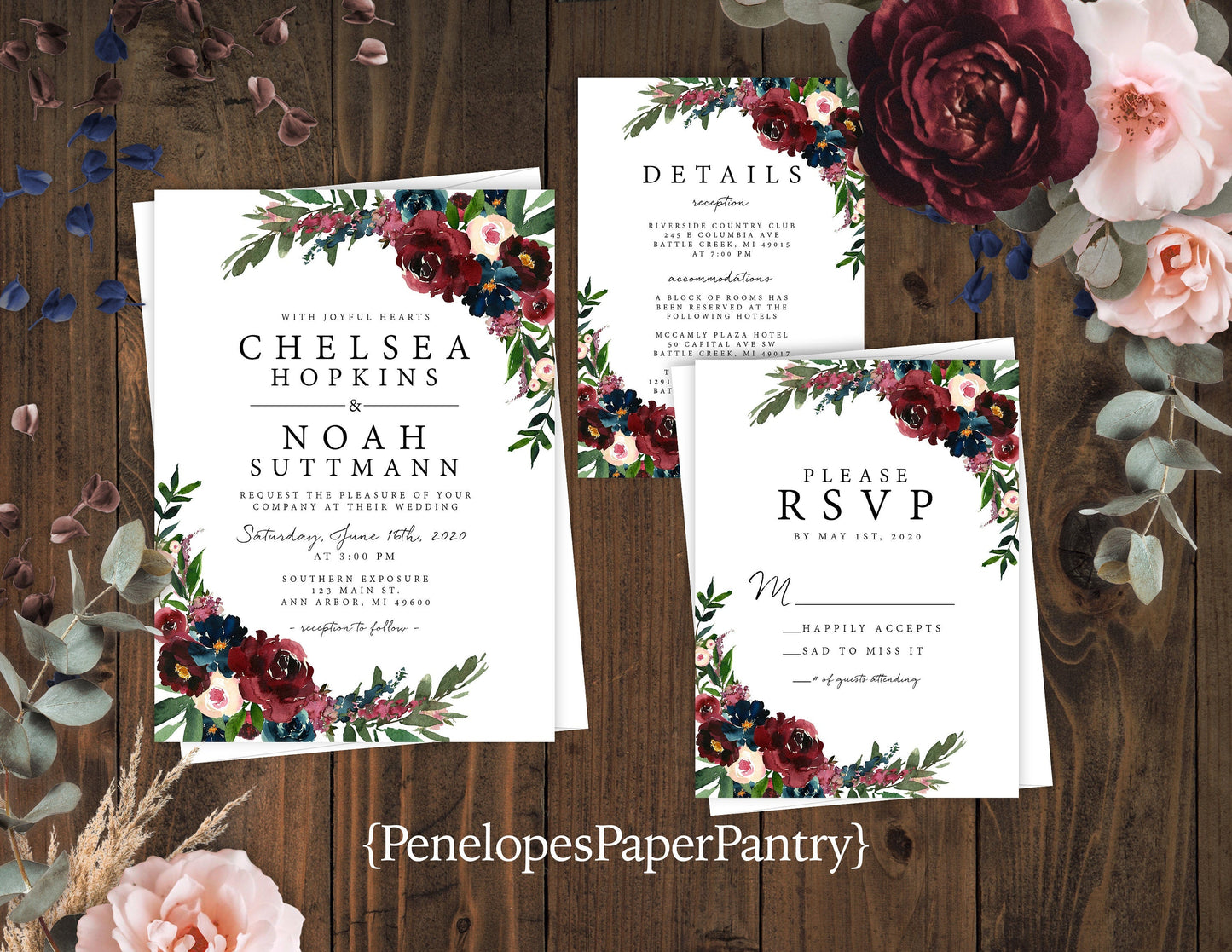 Elegant Floral Fall Wedding Invitation – Navy & Burgundy Roses – Shimmery Personalized Invite with Envelopes & Optional RSVP