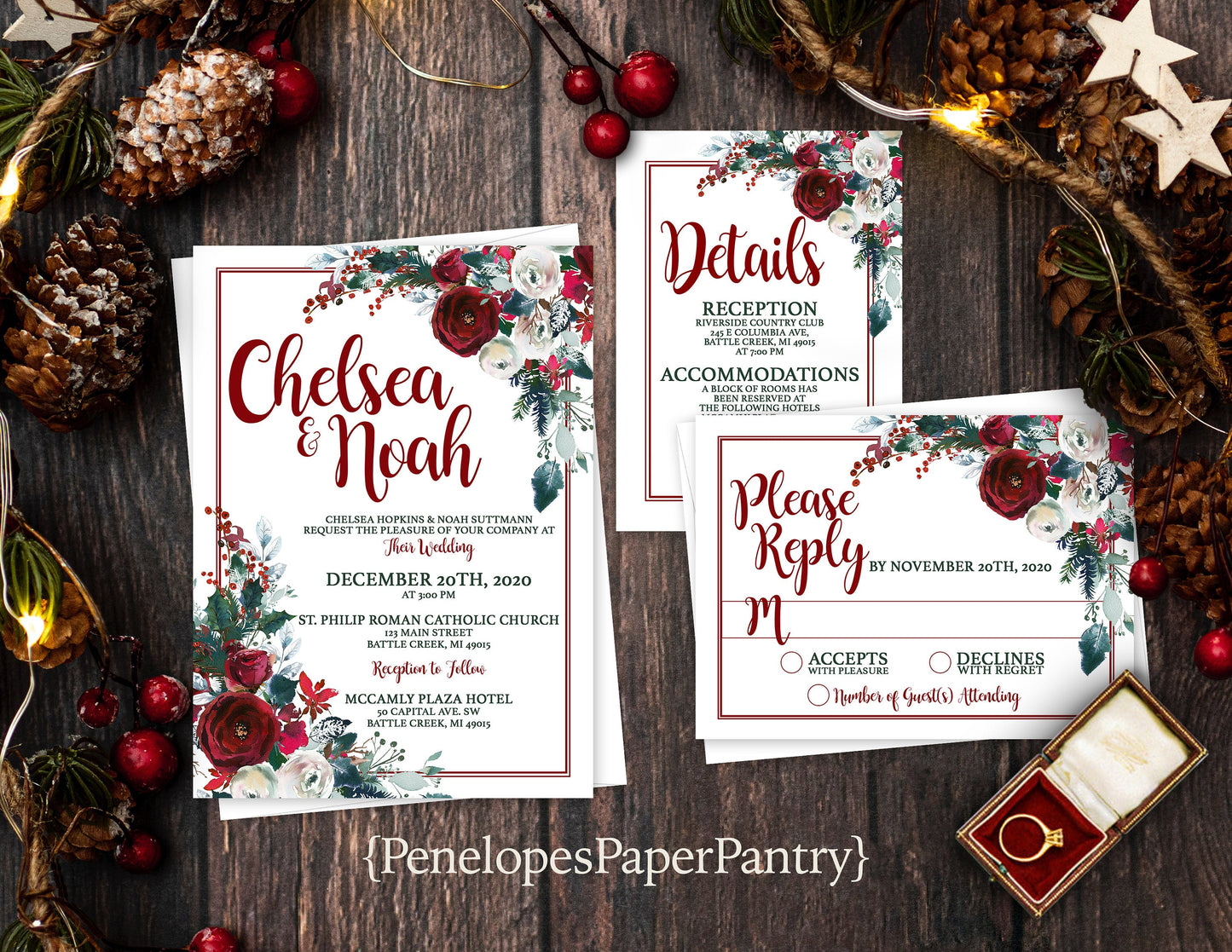 Elegant Christmas Wedding Invitation – Red & Green Floral – Shimmery Holiday Printed Invite with Calligraphy & Envelope