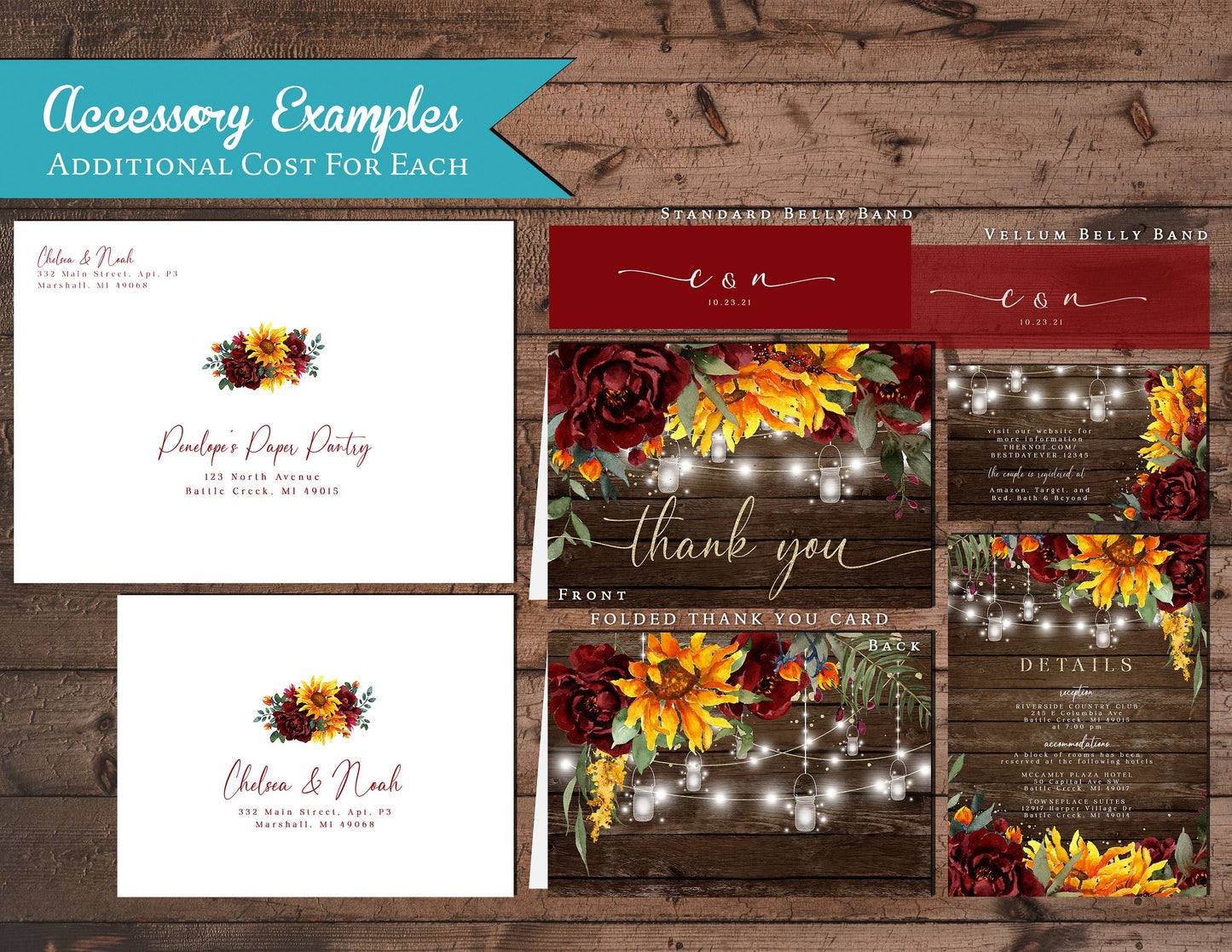 Rustic Sunflower Fall Wedding Invitation – Barn Wood, Burgundy Roses & Fairy Lights – Personalized Gold Shimmery Printed Invitations by Penelope’s Paper Pantry